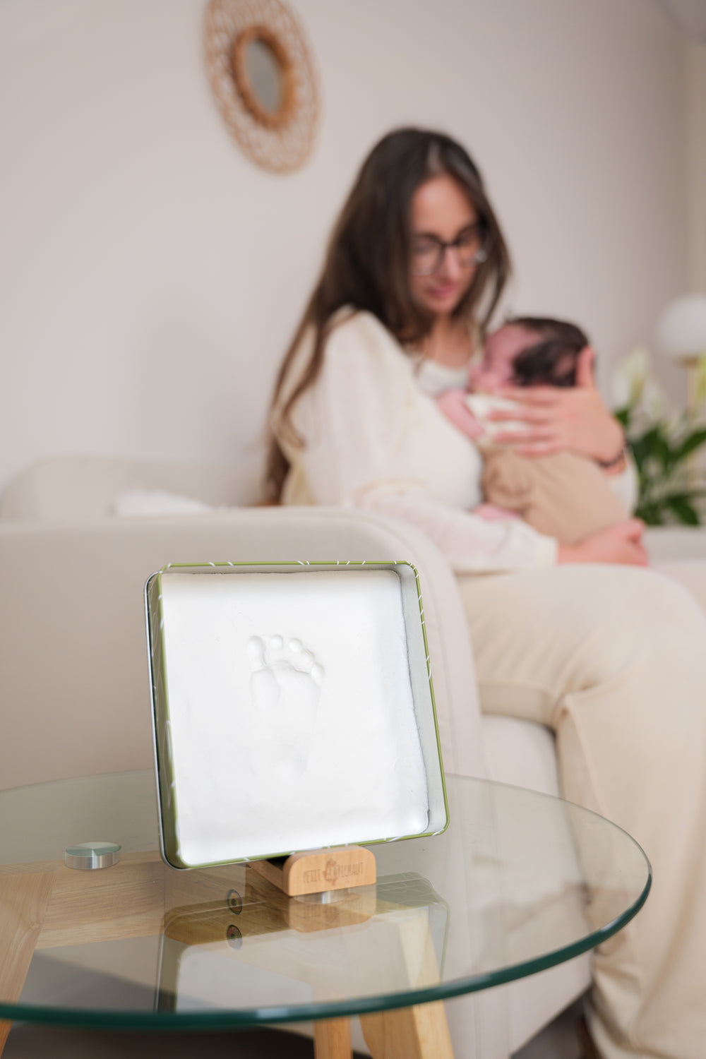 Baby Box Square Olive Tree is an elegant newborn footprint frame captures memories that last a lifetime.