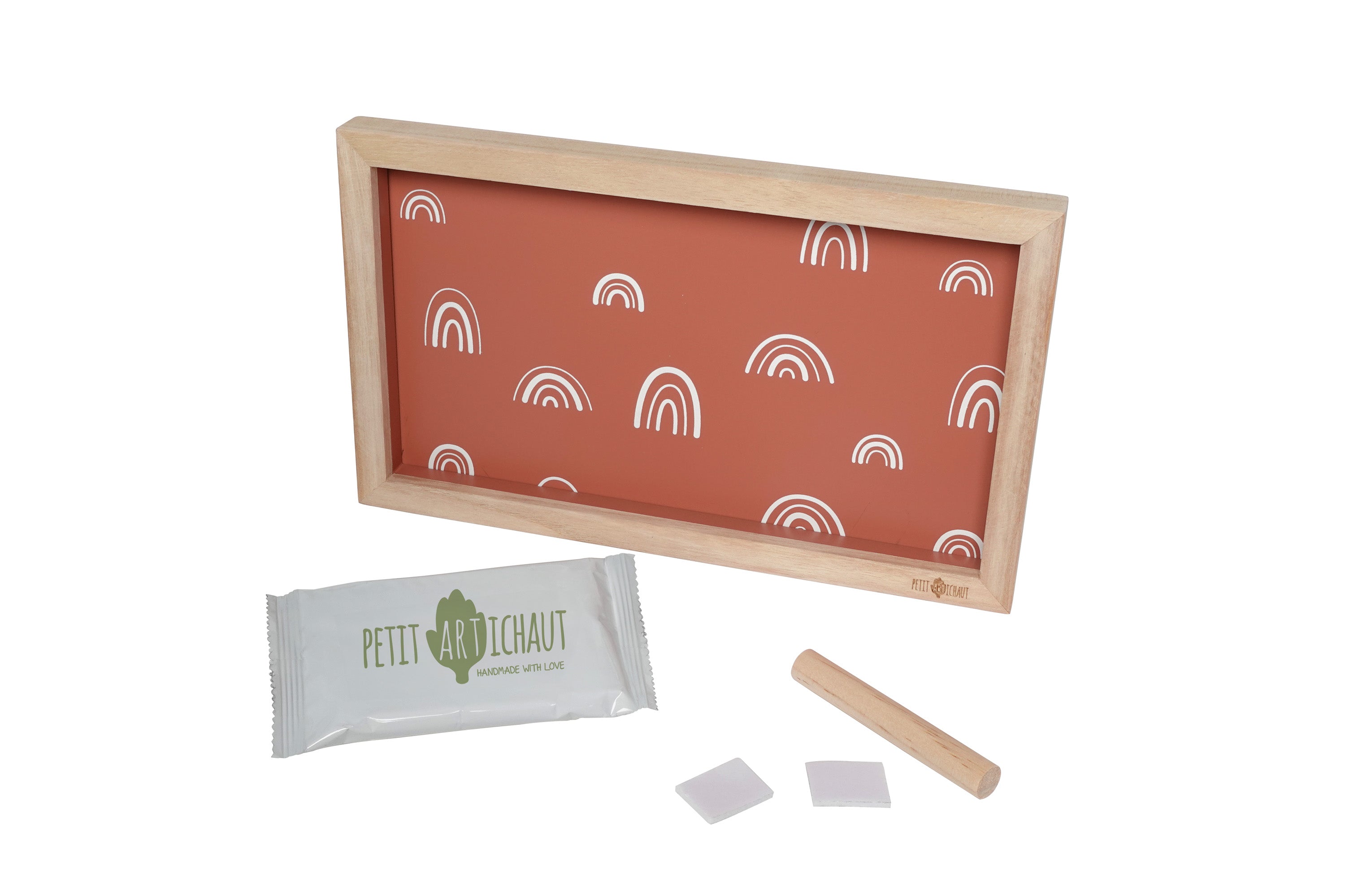 The 2 Prints Frame - Rainbow Terracotta Kit includes all the tools you need to create a timeless baby keepsake.